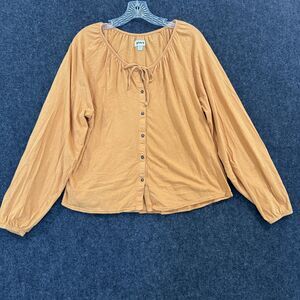 Pact Blouse Women's Small Orange Button Front Long Sleeve Organic Cotton Linen